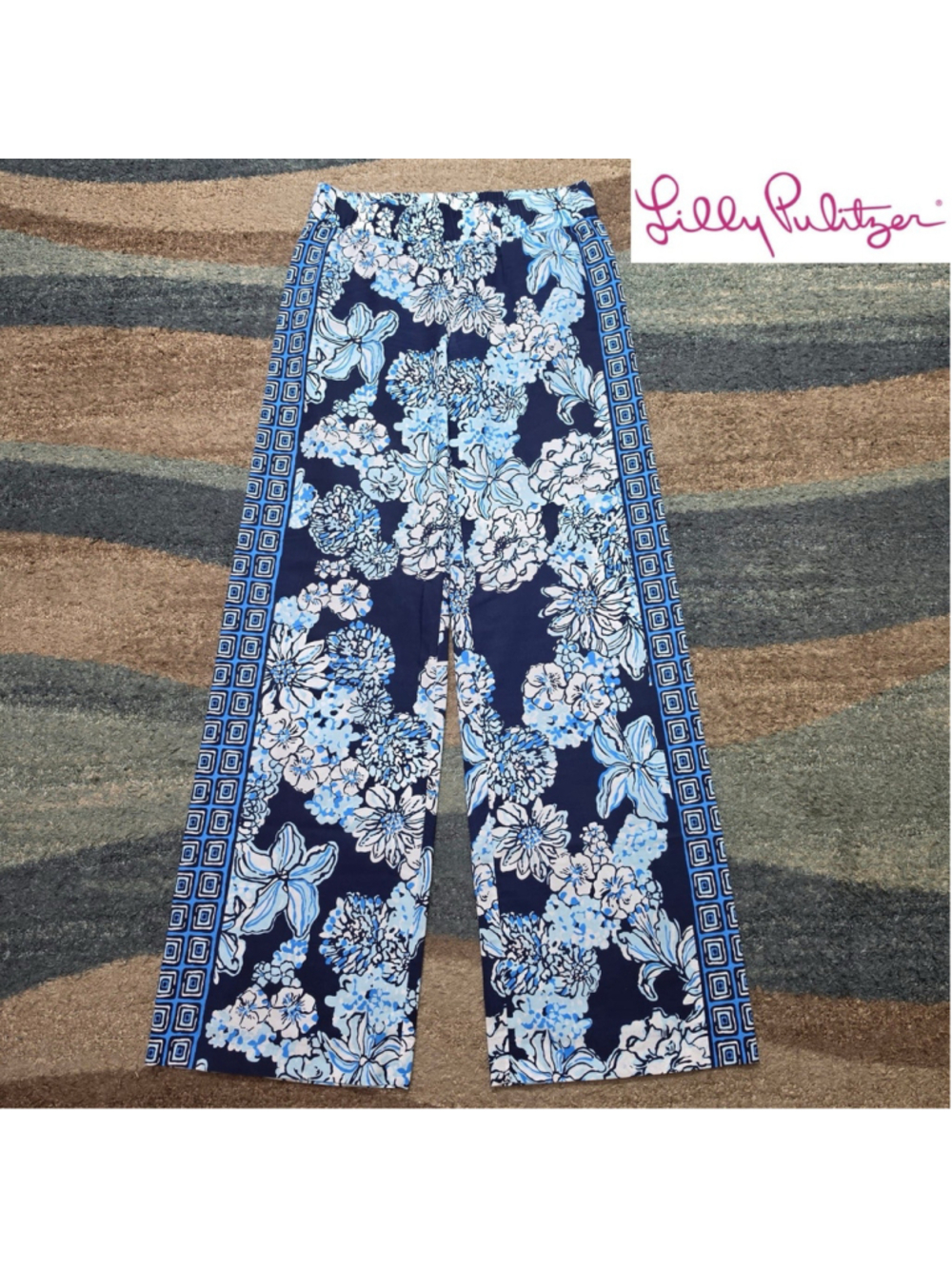 Lilly Pulitzer Womens XS Blue Floral Pants Wide Leg Elastic Waist Casual